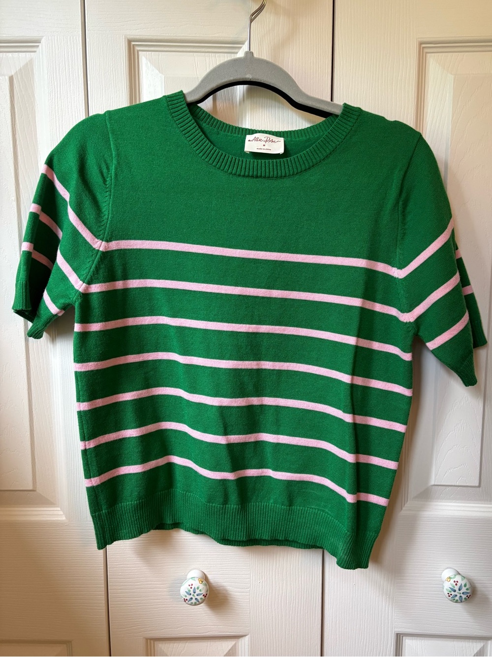 NWOT Allie Rose Kelly Green w/ Pink Stripe Short-Sleeve Sweater